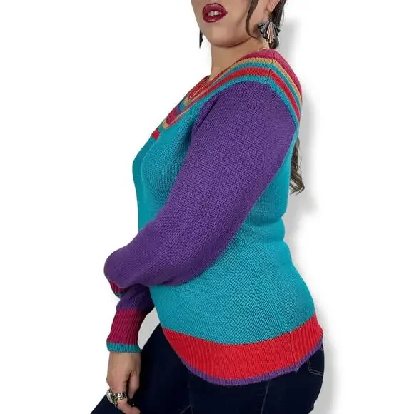 ❌SOLD❌1970's QUEENS WAY TO FASHION rainbow knit sweater made in Korea - Picture 6 of 17